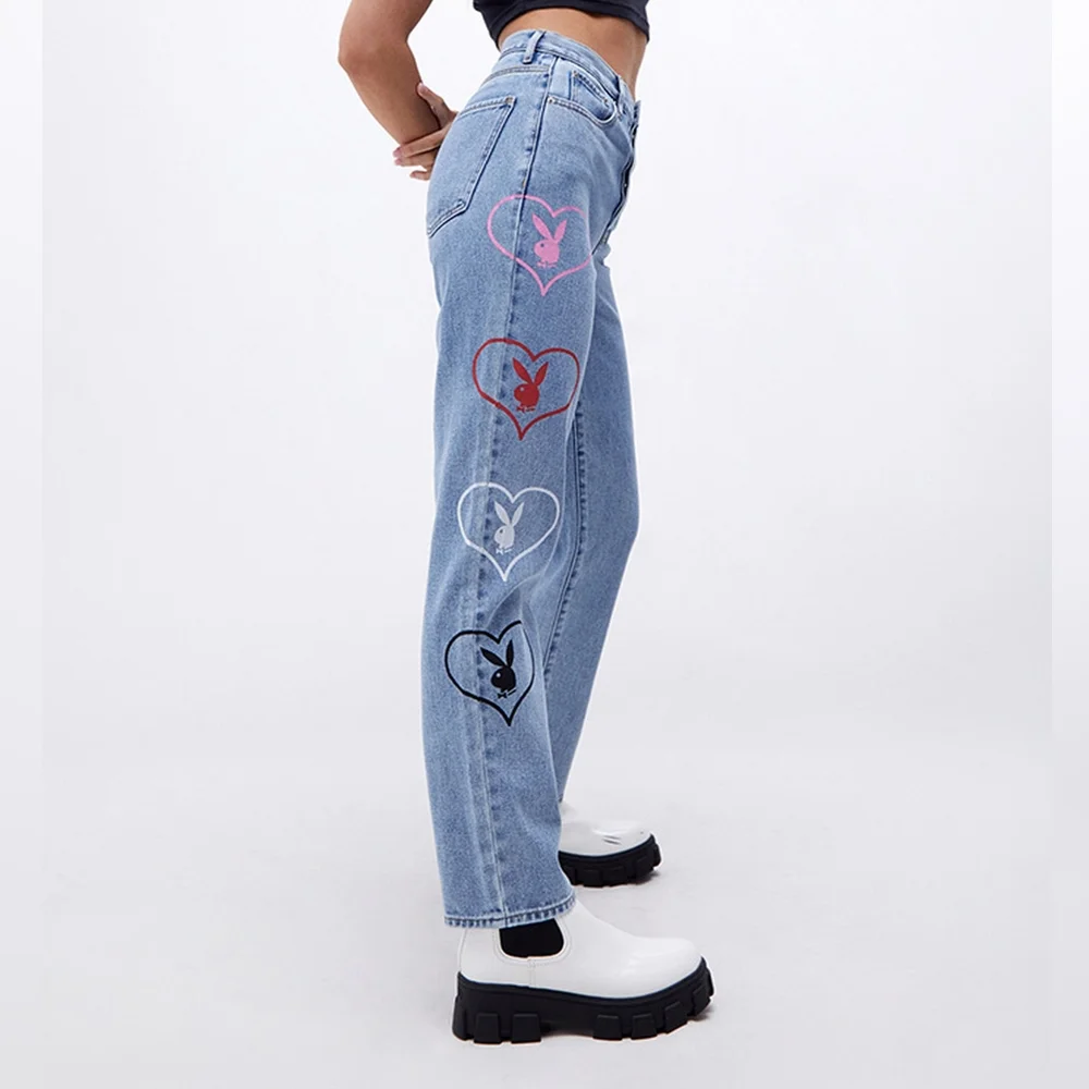 Playboy By PacSun Medium Blue Graphic Straight Leg Jeans Button Fly Size 24